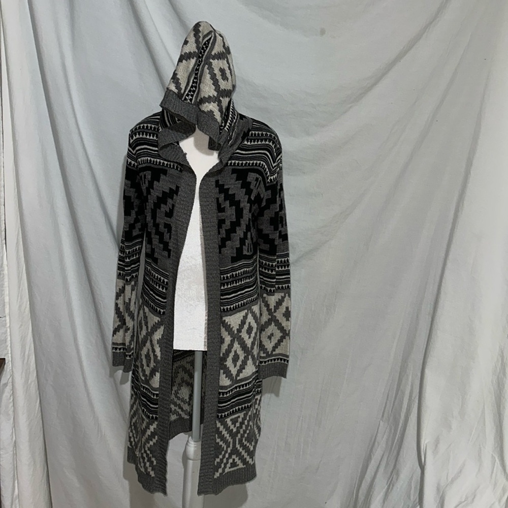 black gray & white long sleeve hooded open front Alya cardigan size small